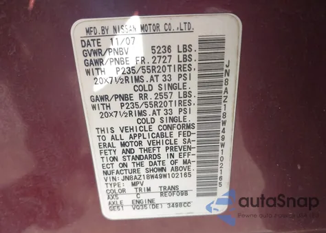 2009 Nissan Murano Le z USA, uszkodzony, nr VIN JN8AZ18W49W102165